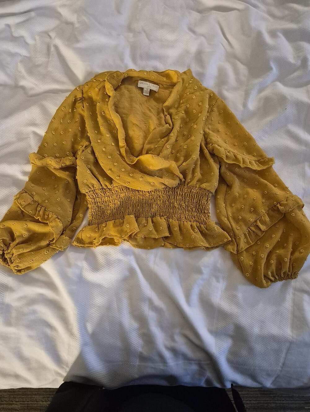 Chelsea & Violet Mustard Ruffle Swiss Dot Smocked Waist Blouse - Picture 2 of 7